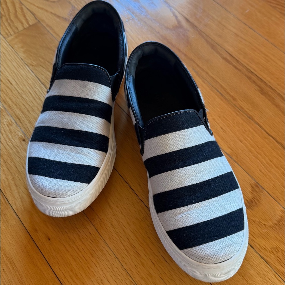 CELINE 38.5 - Black and White Striped Slip-On Sneakers
